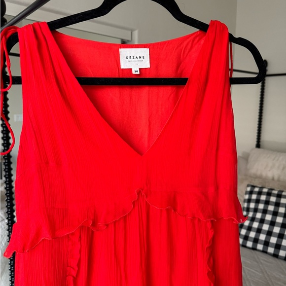 Sézane Robe Albertina Corail Silk Ruffle Trim A-Line Mini Dress Red 36 US-4 - Picture 4 of 8